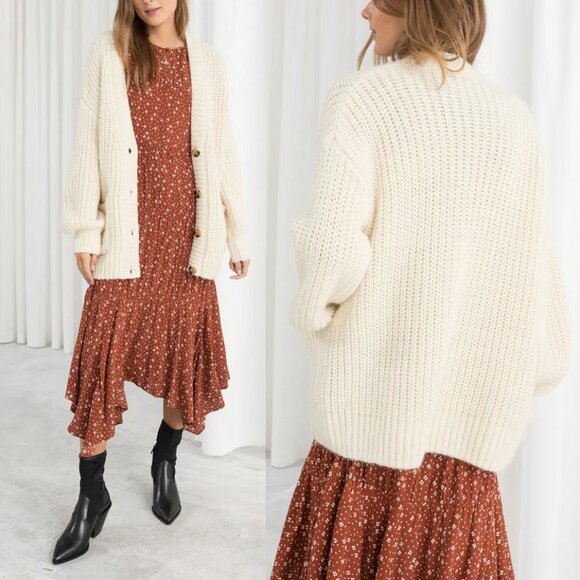 & Other Stories Oversized Rib Knit Cardigan S Alpaca Wool Blend Cream Chunky - Picture 4 of 16
